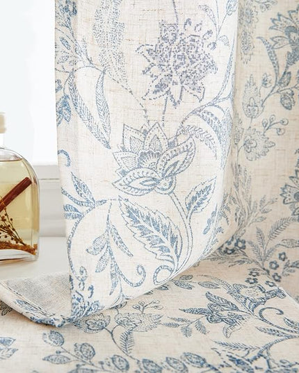 Lazzzy Linen Farmhouse Curtains for Living Room 108 Inch Length Floral Print Window Curtains Semi Sheer Drapes for Bedroom Country Light Filtering Curtain Grommet Top 2 Panels Blue on Beige