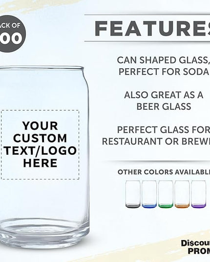 Custom Beer Can Glasses Set of 100, 16 oz. Pint Sized, Promotional Text, Logo, Soda Can Shape, Glassware, Clear