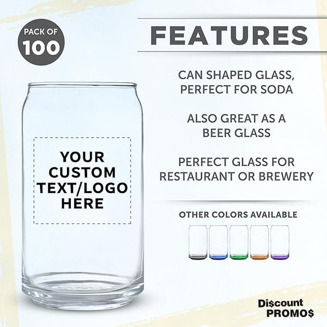 Custom Beer Can Glasses Set of 100, 16 oz. Pint Sized, Promotional Text, Logo, Soda Can Shape, Glassware, Clear