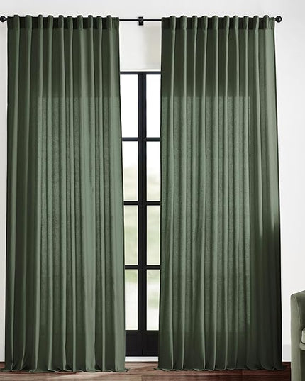 XTMYI 2 Panels Olive Green 108 Inch Length Back Tab/Hook Belt Linen Cotton Sheer Curtains for Bedroom 2 Panels,70 Inch Wide