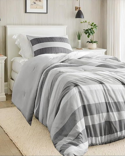 Twin Comforter Set, 2 Pieces Striped Bed Set, Soft Brushed Microfiber Reversible Bedding Set for All Season, Lightweight & Breathable Bedding Set with Comforter & Sham, Black/Grey
