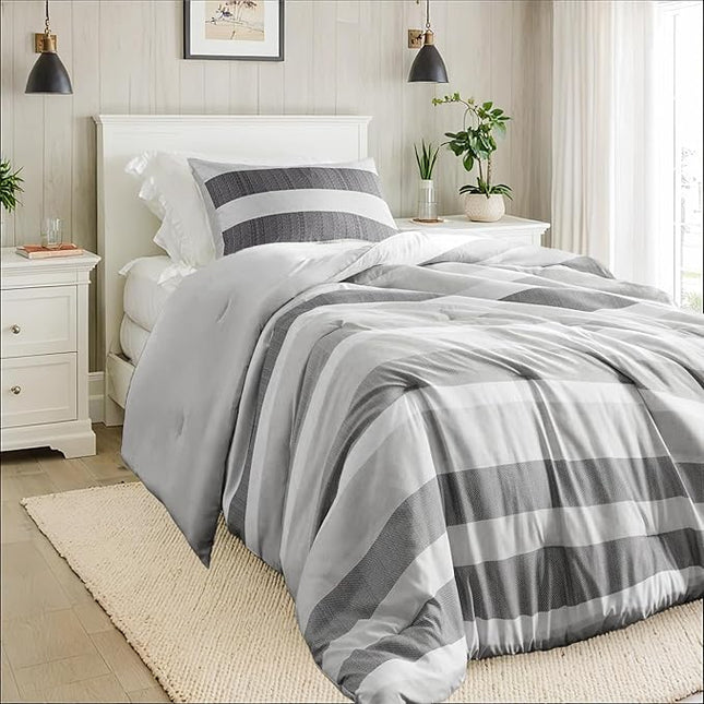 Twin Comforter Set, 2 Pieces Striped Bed Set, Soft Brushed Microfiber Reversible Bedding Set for All Season, Lightweight & Breathable Bedding Set with Comforter & Sham, Black/Grey