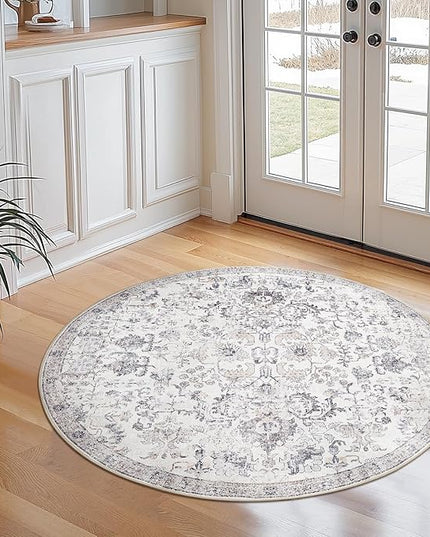 jinchan Kalen Round Rug 4ft Area Rug Washable Vintage Indoor Retro Entryway Floor Cover Distressed Gray Floral 4' Round Circle Boho Non Slip Thin Carpet for Bedroom Living Room Dining Room Grey