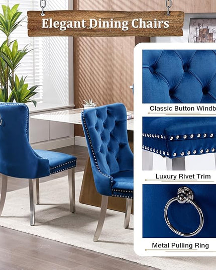 70" Modern Silver Glass Dining Table Set for 6, 7-Piece Rectangle Kitchen Dining Room Table Set with Steel Base & 6 Blue Velvet Upholstered Chairs, Modern Glass Kitchen Table and Chairs Set of 6