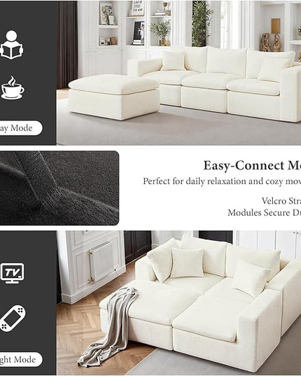 108" Sectional Couches for Living Room Boneless Couch Upholstered Cloud Couch Sectional Modular Sectional Sofa with L Shaped (Chenille-White, 3 Seat+1 Ottoman)