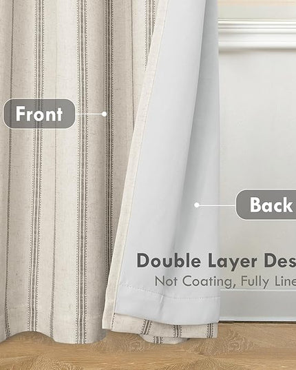 DriftAway Farmhouse Linen Blend Blackout Curtains 45 Inches Long for Bedroom Vertical Striped Printed Grommet Curtains Thermal Insulated Lined Treatments for Living Room 2 Panels W52 x L45 Gray