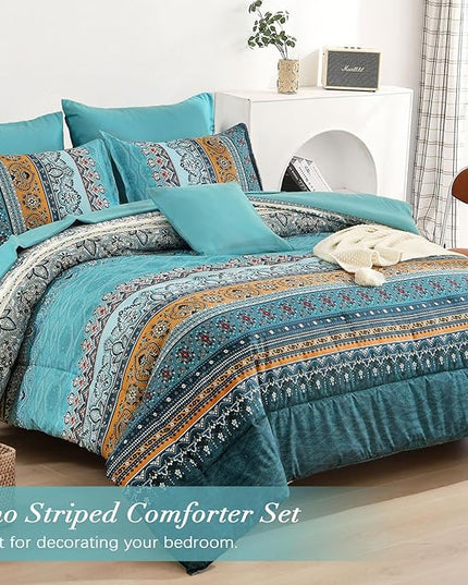 Cottolester Boho Queen Comforter Set 8 Pieces,Teal and Yellow Bohemian Comforter Paisley Striped Bed in A Bag,Soft Microfiber Bedding Set for All Season