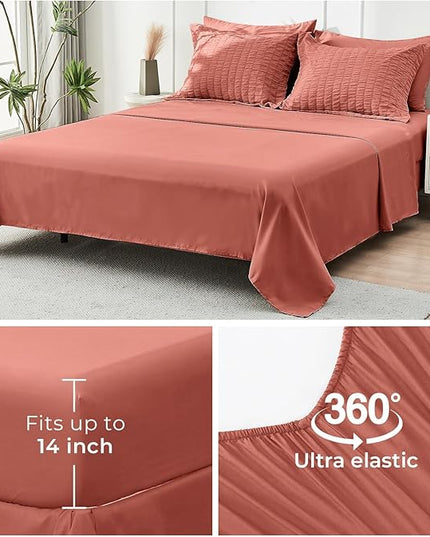 HYMOKEGE Coral King Size Comforter Set Seersucker 7 Pieces, All Season Luxury Bed in a Bag for Bedroom, Bedding Set with Comforter, Sheets, Pillowcases & Shams
