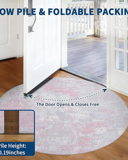 Modern Abstract 8x8 Round Area Rug Non Slip Non Shedding Rug Low Pile Stain Resistant for Bedroom Living Room Office Dining Room,Grey Pink