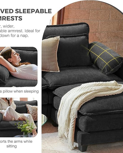 ELUCHANG 116" Luxury Modular Sectional Sofa, Comfy Deep Seat Cloud Couch, Sleeper Sofa Bed, 6 Seat Modern Couch with Removable Cover for Living Room, Apartment, DIY Combination, Chenille Black