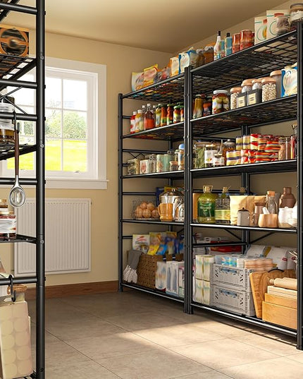 Storage Shelves 5-Tier Large Capacity Metal Shelving with Hooks, Heavy Duty Garage Shelving Unit with Leveling Feet, Stable Metal Shelves for Pantry, Kitchen and Closet, 72" H x 36" W x 12" D, Black