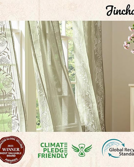 jinchan Winslow Sheer Curtains 63 Inch Length for Dorm Bedroom Bordered Floral Pattern Decorations Short Curtains Light Filtering Window Treatments, 50W x 63L, Ivory on Sage, 2 Panels