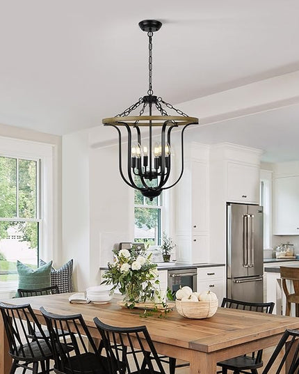 Black Farmhouse Chandelier Light Fixture, 6-Light Rustic Lantern Pendant Light,Vintage Cage Chandelier for Entryway Foyer Dining Room Kitchen Island Hallway.