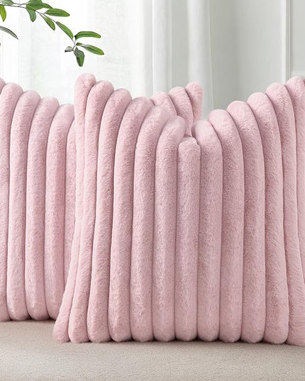 Pallene Faux Fur Plush Throw Pillow Covers 22x22 Set of 2, Luxury Soft Fluffy Striped Decorative Pillow Covers for Sofa, Couch, Living Room, Blush Pink