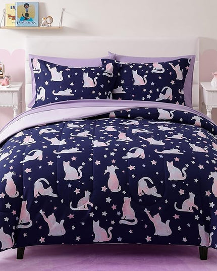 Full Size Comforter Set for Girls-7 Pieces Cute Cat Full Bedding Sets for Kids, Ultra Soft Bed in A Bag with Sheets