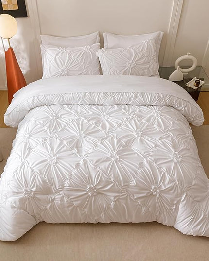White Queen Comforter Set - 7 Pieces Bed in a Bag, Premium Comforters Queen Size Bed Set Pintuck Pinch Pleat Complete Comforter Set with Flat Sheet, Fitted Sheet and Pillowcases,White