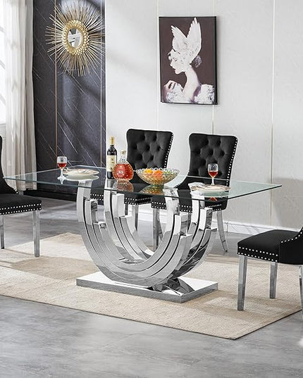 Henf 5-Piece Dining Table Set with 4 Upholstered Dining Chairs, Large Dining Table and Chair Set for 4, Modern Glass Kitchen Table Furniture for Dining Room, Glass Top and Stainless Steel Pesestal