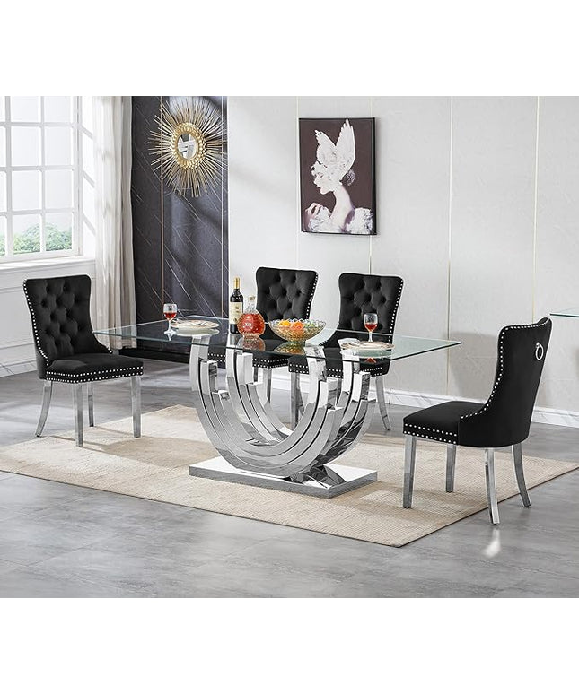 Henf 5-Piece Dining Table Set with 4 Upholstered Dining Chairs, Large Dining Table and Chair Set for 4, Modern Glass Kitchen Table Furniture for Dining Room, Glass Top and Stainless Steel Pesestal