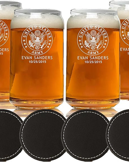 Custom Military Beer Glass Set - 4 Personalized 16 oz. Glasses for Army, Navy, Air Force & Coast Guard - Great for Active & Retired Service Members (BEER CAN)