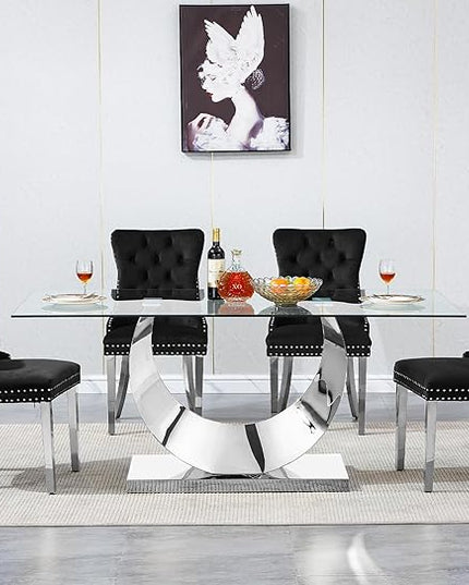 5 Piece Dining Table Set, Modern Glass Dining Table Set for 4, 70" Luxury Glass Table w/Silver Stainless Steel Base & 4 Black Tufted Chairs, Kitchen Dining Room Sets for 4 for Breakfast Dinner Dinette