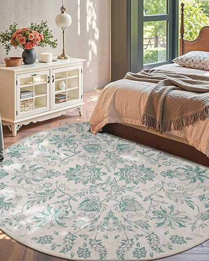 jinchan Torino Classic Floral Round Rug 8ft Vintage-Inspired Design 8’Circle Rug Machine Washable Ultra-Thin Low-Pile Non-Slip Indoor Carpet for Bedroom Dining Room Living Room