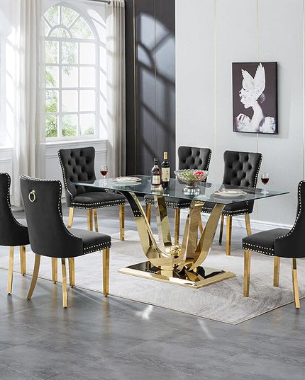 70" Modern Gold Glass Dining Table Set for 6, 7-Piece Rectangle Kitchen Dining Room Table Set with Steel Base & 6 Black Velvet Upholstered Chairs, Modern Glass Kitchen Table and Chairs Set of 6