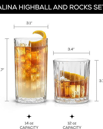 JoyJolt Drinking Glasses Set of 8, Alina Ribbed Glassware. 12oz Rocks Glass and 14oz Highball Glass set. Cocktail Glasses, Iced Coffee Cup or Water cups. Heavy Base Glassware Set