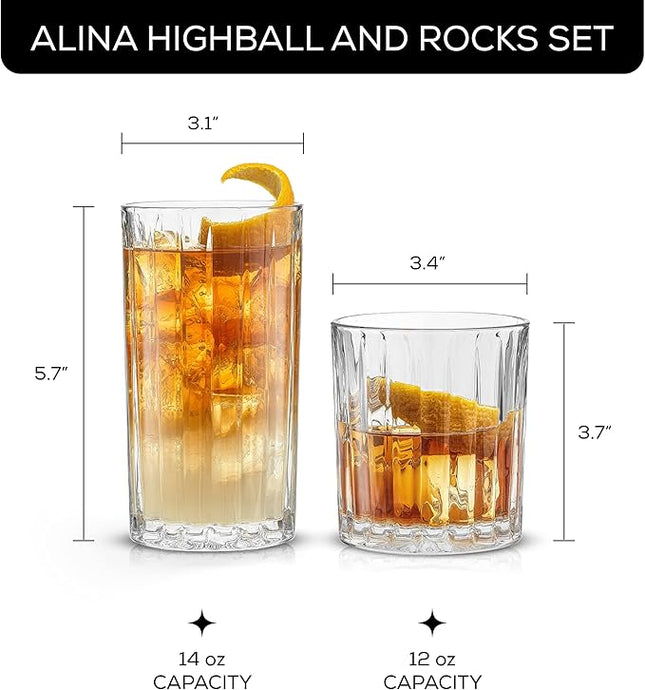 JoyJolt Drinking Glasses Set of 8, Alina Ribbed Glassware. 12oz Rocks Glass and 14oz Highball Glass set. Cocktail Glasses, Iced Coffee Cup or Water cups. Heavy Base Glassware Set