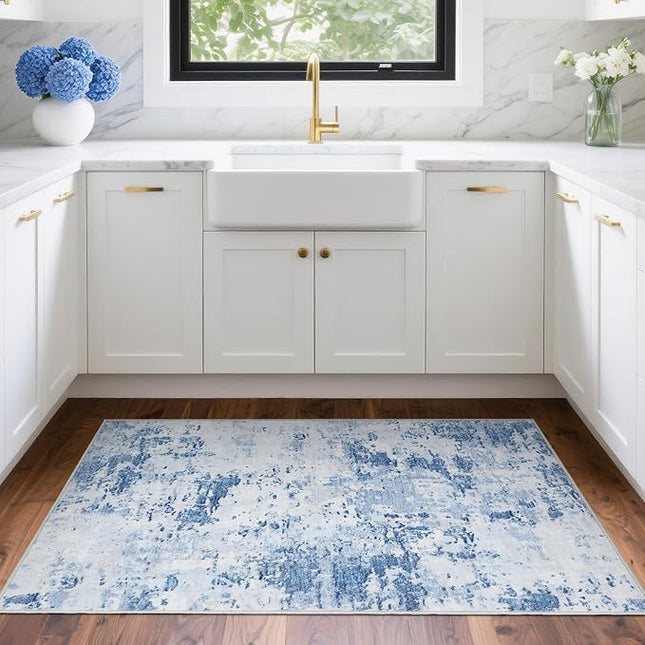 Modern Abstract 2x3 Area Rug Non Slip Non Shedding Low Pile Stain Resistant Rug for Entryway Kitchen Bedroom,Light Blue