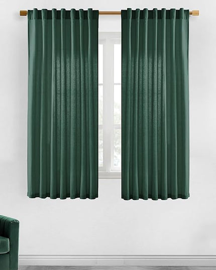 XTMYI Dark Green Curtains for Bathroom Set Decor,Linen Sheer Leaf Green Boho Curtains for Kitchen 63 Inch Length 2 Panels,Deep Pine