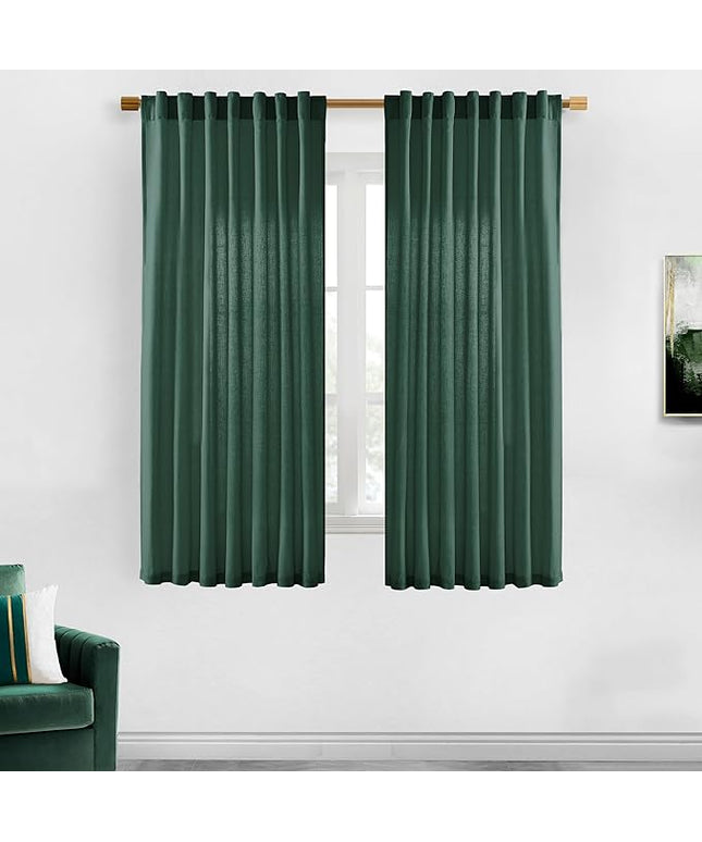 XTMYI Dark Green Curtains for Bathroom Set Decor,Linen Sheer Leaf Green Boho Curtains for Kitchen 63 Inch Length 2 Panels,Deep Pine
