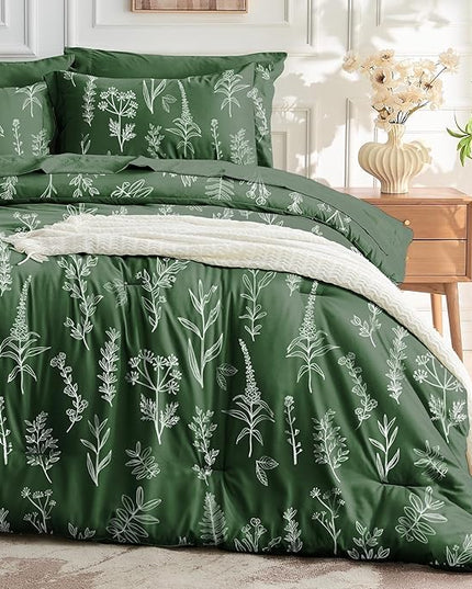 MUXHOMO Dark Green Twin Comforter Set, Elegant Floral Print Bed in a Bag 5 Pieces, Ultra Soft & Breathable Reversible Botanical Pattern Bedding Set with Comforter, Sheets, Pillowcase, and Sham