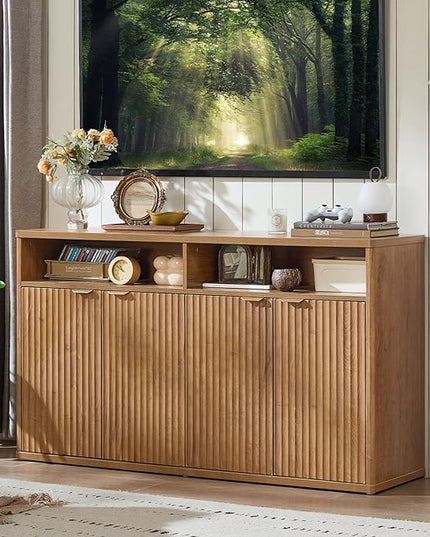 LEYAOYAO Fluted Buffet Cabinet with Storage, 55" Wide Wood Sideboard Credenza with 4 Doors & Open Storage Shelf, Modern Kitchen Console Accent Cabinets, Coffee Bar Table for Dining Room, Tea Brown