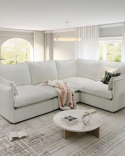 Cloud Modular Sectional Sofa, Waterproof Down Filled Sectional Sofas, High Backrest 4 Seater Sectional Couches for Living Room, Modern Modular Couch with Removable Cover, Cream White