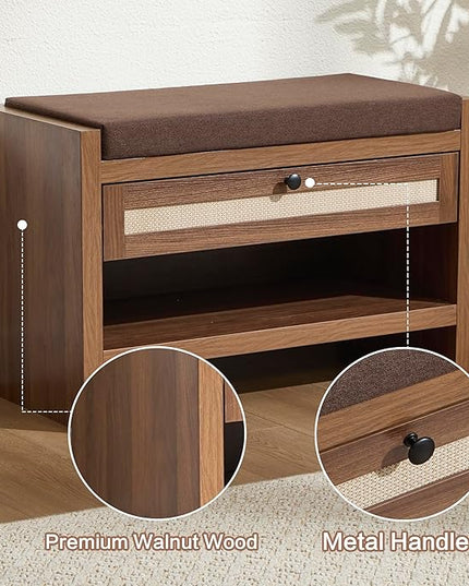 Rattan Shoe Bench Entryway Bench with Storage Drawer and Linen Seat Cushion, Farmhouse Boho Shoe Rack Bench, Wooden Storage Bench for Entryway Hallway and Bedroom - Oak