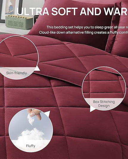 Love's cabin California King Comforter Set Burgundy, 7 Pieces California King Bed in a Bag, All Season Bedding Sets with 1 Comforter, 1 Flat Sheet, 1 Fitted Sheet, 2 Pillowcase and 2 Pillow Sham