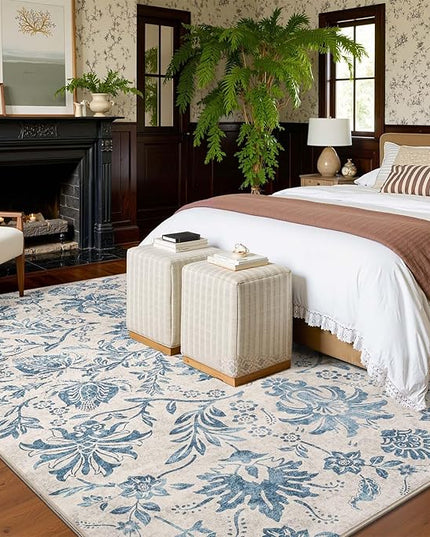 jinchan Torino Floral 8x10 Area Rugs, Vintage-Inspired Design Accent Living Room Rug, Machine Washable Ultra-Thin Low-Pile Non-Slip Traditional Carpet for Bedroom Dining Room Home Office, Dark Blue