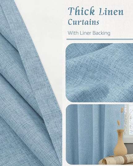 LAMIT Stone Blue 100% Blackout Linen Curtains, 84 Inch Linen Textured Living Room Farmhouse Curtains Room Darkening Back Tab and Rod Pocket Neutral Panels with White Liner, 2 Panels, 52 x 84 Inch