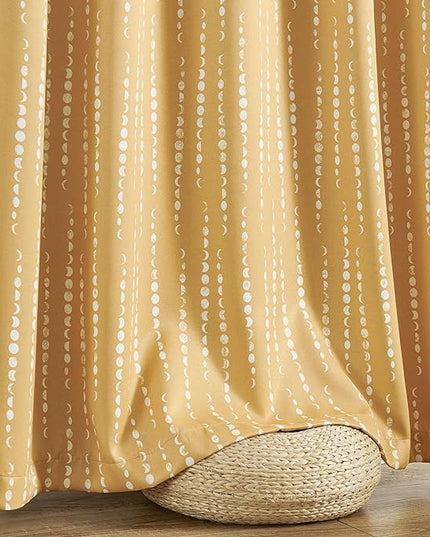 jinchan 95% Blackout Bohemian Moon Phase Print Bedroom Curtains 90 Inch Long Mustard Curtain Pole Mouth Insulation for Nursery Yellow Curtain Set 2 Panels