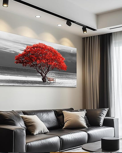 wall art for living room Decorations Photo Prints - panoramic black and white with red trees The moon Landscape - Modern Home Decor The room Stretched and Framed Ready to Hang artwork 30x60inches