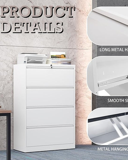 4 Drawer Lateral File Cabinet with Lock, Metal File Cabinet, Lateral File Cabinets for Home Office, Heavy Duty File Storage Cabinet for Legal/Letter/A4 Document, Assembly Required, White