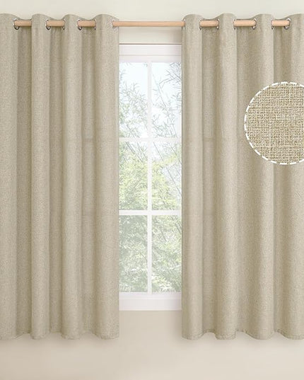 LAMIT Camel Linen Bedroom Curtains 63 inches Long, Grommet Thermal Insulated Soft Thick Curtains Burlap Light Filtering Panels for Living Room/Farmhouse, Set of 2 Panels, W52 x L63