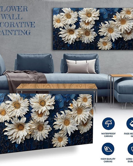 HUADAOART White Daisy Canvas Wall Art Navy Blue Background 48 x 24 inches Contemporary Floral Painting Living Room Bathroom Ready to Hang
