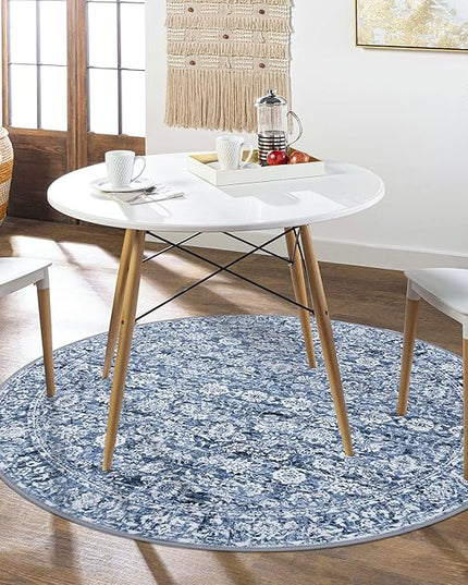 6' Round Rug Washable Rug for Entryway, Blue Soft Non-Slip Area Rugs Distressed Floral Low-Pile Carpet, Neutral Vintage Circle Rugs for Living Room Dining Bedroom Foyer