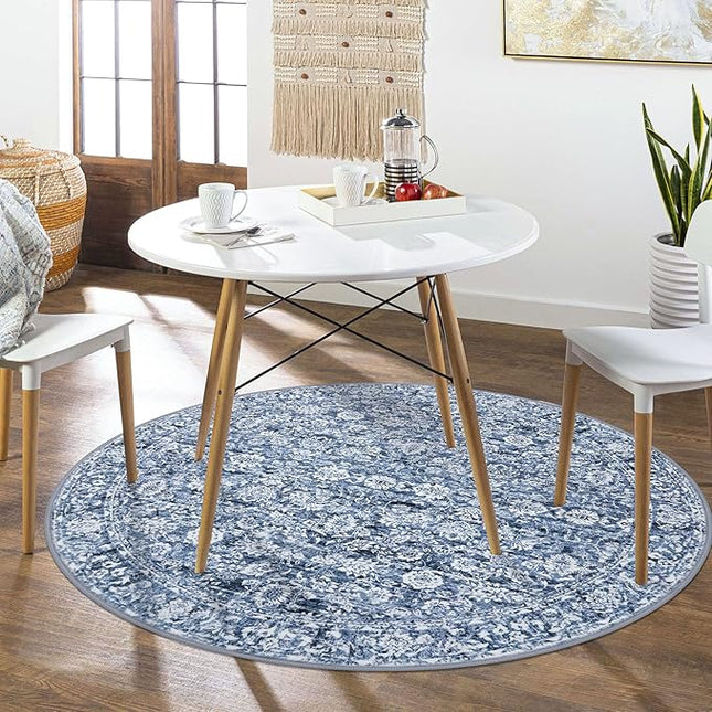 6' Round Rug Washable Rug for Entryway, Blue Soft Non-Slip Area Rugs Distressed Floral Low-Pile Carpet, Neutral Vintage Circle Rugs for Living Room Dining Bedroom Foyer
