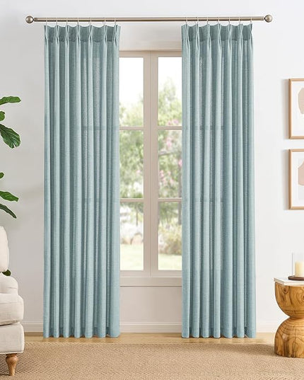 Light Blue Linen Pinch Pleat Curtains 102 Inches Long Pleated Semi Sheer Textured Drapes Hooks Back Tab Coastal Modern Light Filtering Curtain 2 Panels for Living Room Bedroom Office 42x102