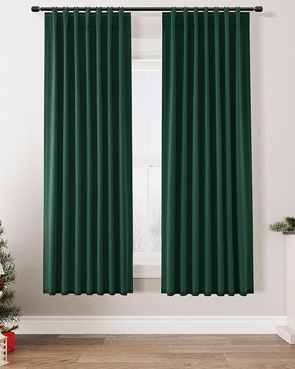 Guken Dark Green Blackout Curtains 72 Inch Length 2 Panels Set for Living Room Bedroom Back Tab Thermal Insulated 100% Black Out Linen Drapes Christmas Decor 52x72 Long