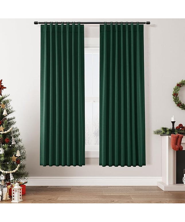 Guken Dark Green Blackout Curtains 72 Inch Length 2 Panels Set for Living Room Bedroom Back Tab Thermal Insulated 100% Black Out Linen Drapes Christmas Decor 52x72 Long