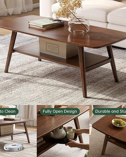 100% Solid Oak Wood Coffee Table for Living Room, 2-Tier Living Room Table with Storage Shelf, Mid Century Modern Coffee Tables (Walnut Colour, 39.37" W x19.68 D x 17.32" H)