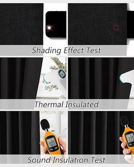 Guken Black Linen Blackout Curtains 96 Inch Length 2 Panels Set for Living Room Bedroom Back Tab Thermal Insulated 100% Black Out Linen Drapes Room Darkening Window Curtains 96 Inches Long